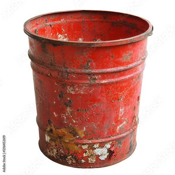 Fototapeta Rusty red metal barrel, isolated, white background, industrial waste