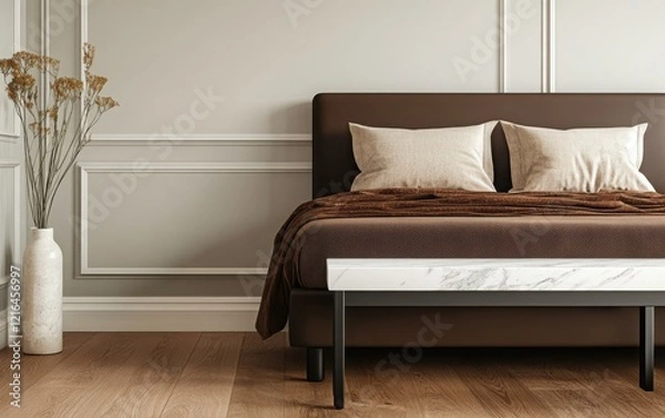Fototapeta 3D rendering of a luxury bedroom interior with a brown bed and a white marble bench, minimalist style, light gray walls, soft lighting, and elegant decor