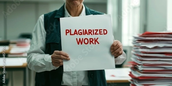 Fototapeta A middle-aged man holds a sign reading 'Plagiarized Work' amidst a pile of documents.