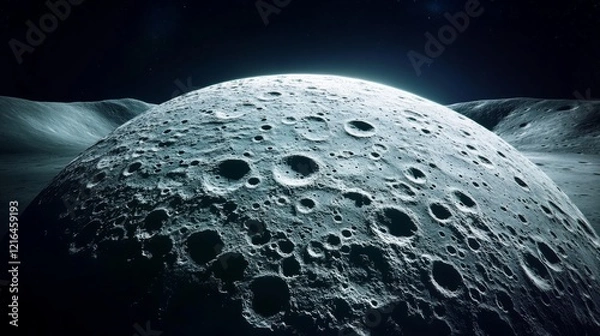 Fototapeta Moon Surface, Exploration Mission, Dark Space Background With Craters And Texture Panorama