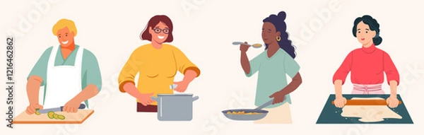 Fototapeta Happy people men and women cooking food at home. Home kitchen vector illustration