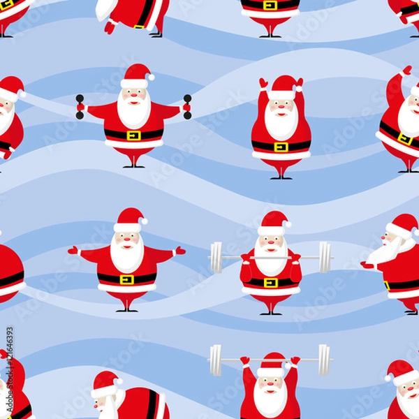 Fototapeta Seamless Happy New Year and Merry Christmas background funny sportsman Santa Claus does morning exercises in different poses. Vector illustration