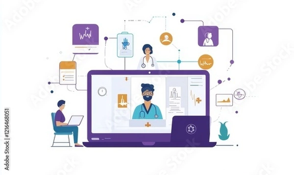 Fototapeta Telemedicine Global Health Network: Doctor Using Tablet, Laptop for Online Medical Records, Remote Healthcare Connectivity, Generative AI