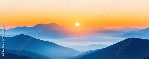 Fototapeta A serene sunrise over misty mountains, showcasing vibrant orange and blue hues in the sky, creating a peaceful and picturesque landscape.