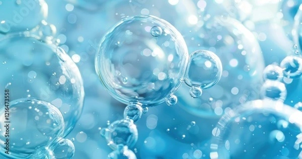Fototapeta A close-up view of translucent bubbles in a blue, shimmering background.
