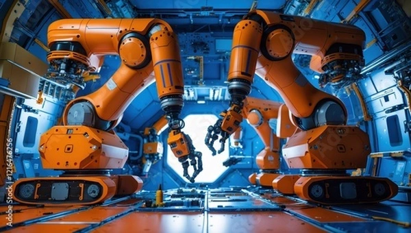 Fototapeta A vibrant scene featuring robotic arms in a futuristic, industrial setting, showcasing automation and advanced technology.