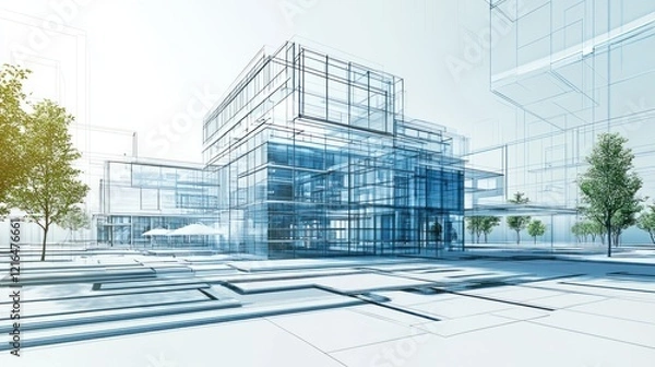 Fototapeta Modern Glass Building Architectural Design: Wireframe Model of a Futuristic Cityscape