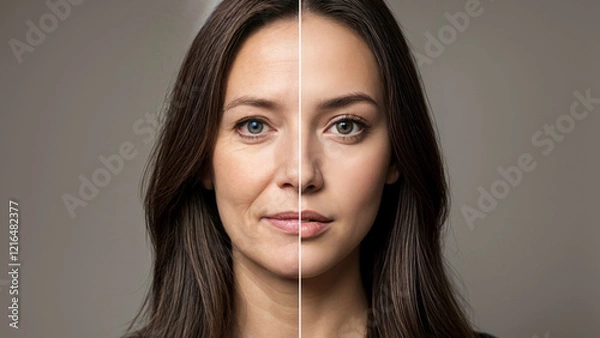 Obraz Age comparison concept. Same face portrait young and aged. Face split of an old and young women for olding revealing. Comparing mother and daughter. 