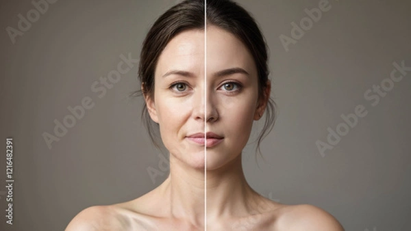 Obraz Age comparison concept. Same face portrait young and aged. Face split of an old and young women for olding revealing. Comparing mother and daughter. 