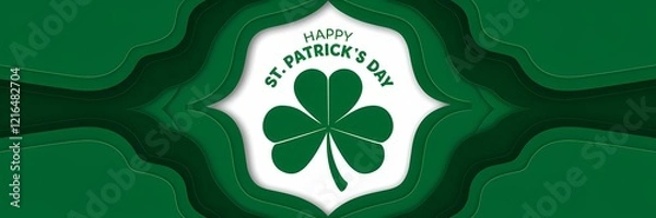 Fototapeta A creative minimalist Saint Patrick's Day poster design with a paper cut-out theme. There is a large shamrock in the center, with the text "Happy St. Patrick's Day" arched above it. 