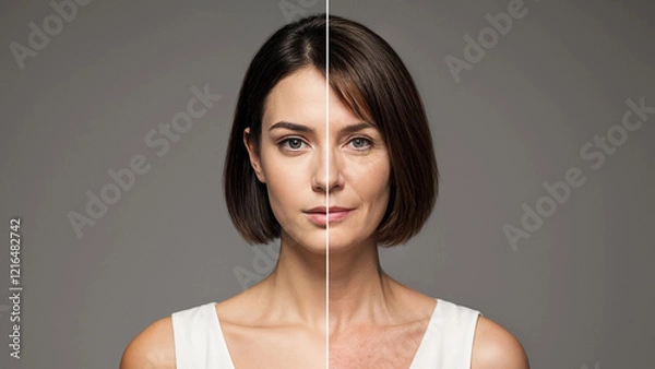 Obraz Same face portrait young and aged. Face split of an old and young women for olding revealing. Comparing mother and daughter. 