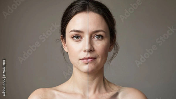 Obraz Same face portrait young and aged. Face split of an old and young women for olding revealing. Comparing mother and daughter. 