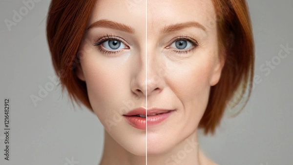 Obraz Same face portrait young and aged. Face split of an old and young women for olding revealing. Comparing mother and daughter. 