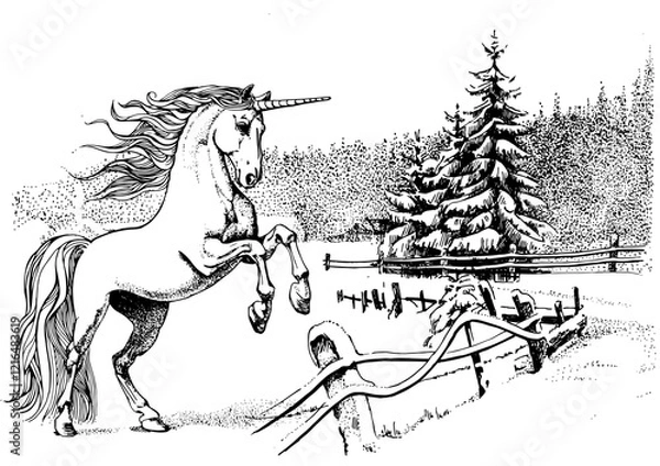 Fototapeta Winter mystical landscape. Panorama of rural landscape with Unicorn. Line sketch converted into vector drawing.