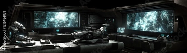 Fototapeta Futuristic control room; screens display data; vehicle model on desk; dark background.  Gaming concept