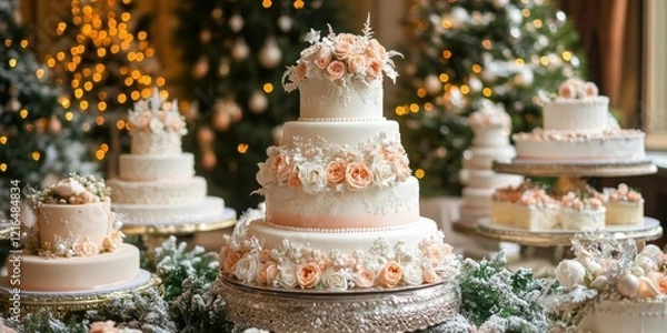 Fototapeta A luxurious wedding cake surrounded by multiple cakes decorated with pastel peach and white flowers in an elegant dining room filled with Christmas trees
