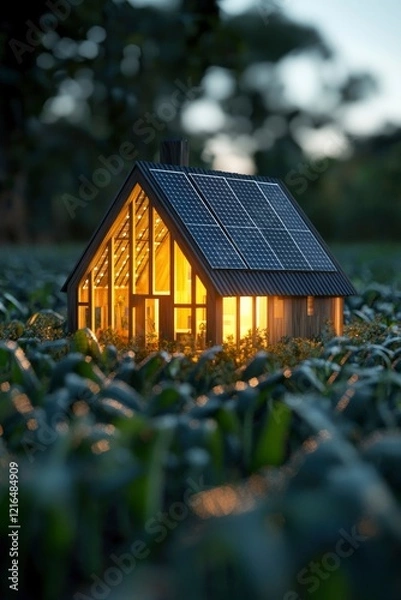 Fototapeta A miniature house with solar panels on the roof on green field of crops with sunlight on background