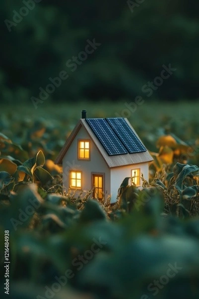 Fototapeta A miniature house with solar panels on the roof on green field of crops with sunlight on background