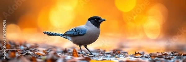 Fototapeta Arctic jay walking on ground of pebbles, blur bright background