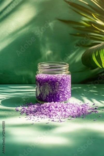 Fototapeta a jar of purple  body salt crystals on a table with lavender flowers and sunlight on wall background