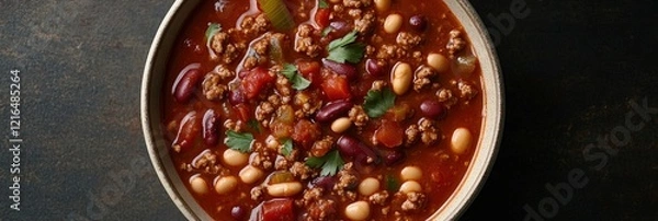Fototapeta ground beef, beans, and vegetables in a bowl on a dark background