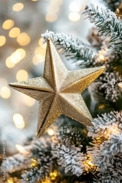 Fototapeta a Christmas tree with a golden star ornament and blurred lights in the background