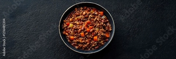 Fototapeta ground beef, beans, and vegetables in a bowl on a dark background