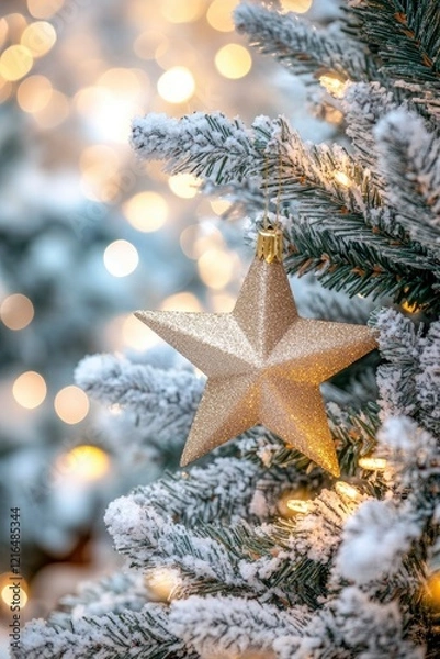 Fototapeta a Christmas tree with a golden star ornament and blurred lights in the background