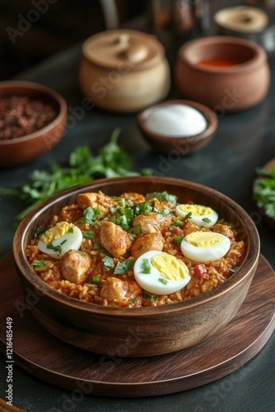 Fototapeta biryani in a bowl with chicken and eggs on wooden table