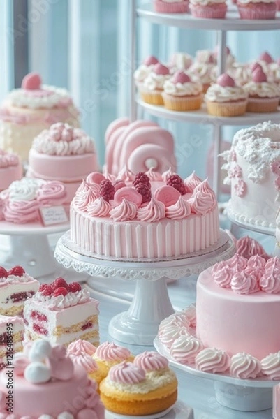Fototapeta Pink and white cakes are on display at the cake shop, with various types of cakes in a pink color