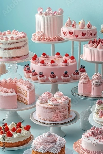 Fototapeta Pink and white cakes are on display at the cake shop, with various types of cakes in a pink color