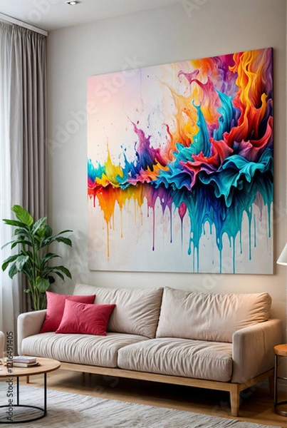 Fototapeta An apartment wall with a large, almost finished abstract painting with a sofa	
