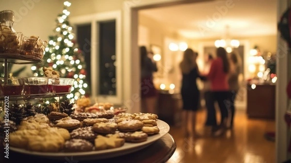 Fototapeta A Christmas party with a table full of cookies and other treats.