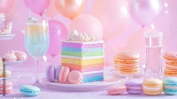 Obraz dessert table featuring rainbow-layered cakes
