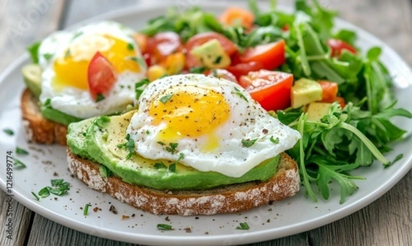 Obraz Delicious avocado toast with poached eggs and fresh salad