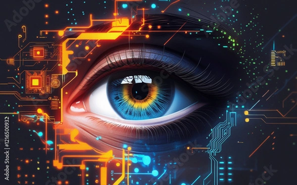 Fototapeta A close-up of the human eye is surrounded by digital graphics and blue light patterns, creating a futuristic and technological feel. Intricate details of the eye aid in identification. AI generated.