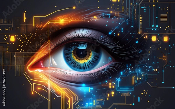 Fototapeta A close-up of the human eye is surrounded by digital graphics and blue light patterns, creating a futuristic and technological feel. Intricate details of the eye aid in identification. AI generated.