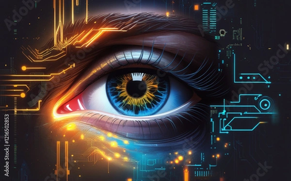 Fototapeta A close-up of the human eye is surrounded by digital graphics and blue light patterns, creating a futuristic and technological feel. Intricate details of the eye aid in identification. AI generated.