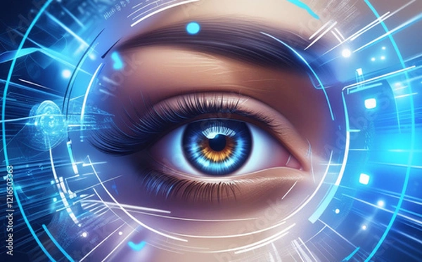 Fototapeta A close-up of the human eye is surrounded by digital graphics and blue light patterns, creating a futuristic and technological feel. Intricate details of the eye aid in identification. AI generated.