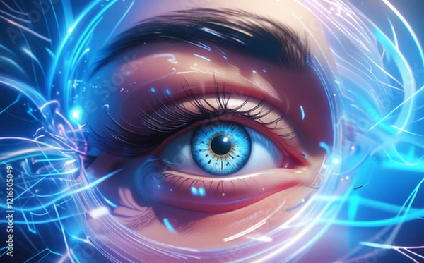 Fototapeta A close-up of the human eye is surrounded by digital graphics and blue light patterns, creating a futuristic and technological feel. Intricate details of the eye aid in identification. AI generated.