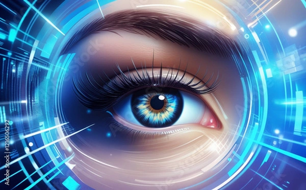 Fototapeta A close-up of the human eye is surrounded by digital graphics and blue light patterns, creating a futuristic and technological feel. Intricate details of the eye aid in identification. AI generated.