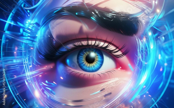 Fototapeta A close-up of the human eye is surrounded by digital graphics and blue light patterns, creating a futuristic and technological feel. Intricate details of the eye aid in identification. AI generated.