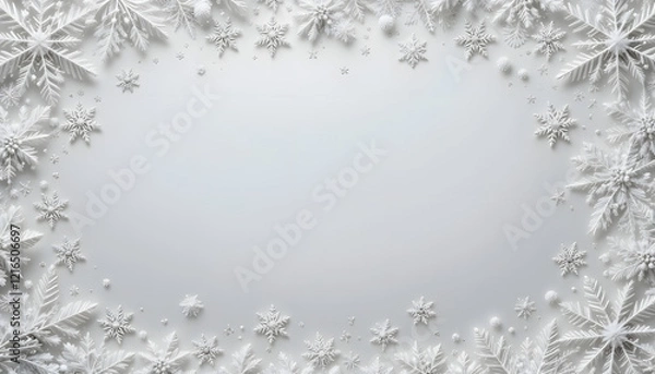 Fototapeta White background with decorative snowflakes placed around the frame, copy space in the center Concept: winter background, snowflakes design, Christmas decoration, festive border, seasonal frame