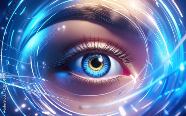 Fototapeta A close-up of the human eye is surrounded by digital graphics and blue light patterns, creating a futuristic and technological feel. Intricate details of the eye aid in identification. AI generated.