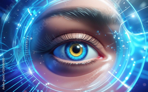 Fototapeta A close-up of the human eye is surrounded by digital graphics and blue light patterns, creating a futuristic and technological feel. Intricate details of the eye aid in identification. AI generated.