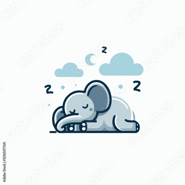 Obraz Sleepy Elephant Illustration:  A cute and simple cartoon illustration of a sleepy elephant curled up under a starry night sky, perfect for children's books, social media, or branding. 