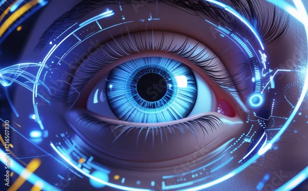 Fototapeta A close-up of the human eye is surrounded by digital graphics and blue light patterns, creating a futuristic and technological feel. Intricate details of the eye aid in identification. AI generated.