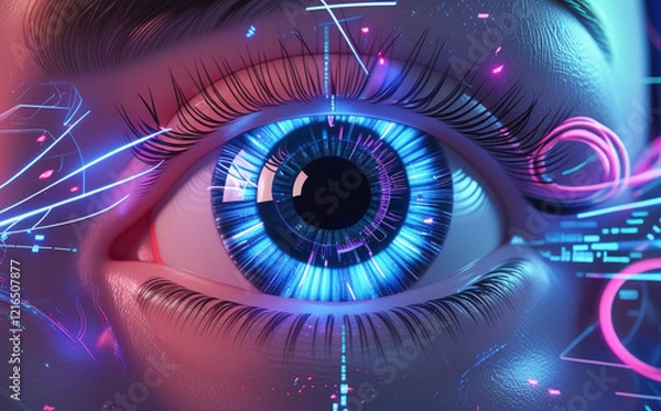 Fototapeta A close-up of the human eye is surrounded by digital graphics and blue light patterns, creating a futuristic and technological feel. Intricate details of the eye aid in identification. AI generated.