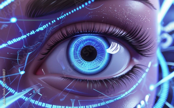 Fototapeta A close-up of the human eye is surrounded by digital graphics and blue light patterns, creating a futuristic and technological feel. Intricate details of the eye aid in identification. AI generated.