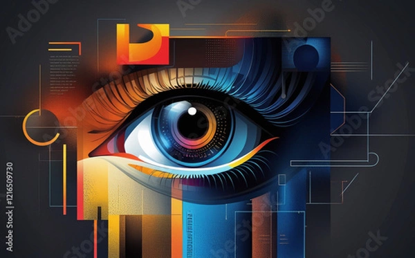Fototapeta A close-up of the human eye is surrounded by digital graphics and blue light patterns, creating a futuristic and technological feel. Intricate details of the eye aid in identification. AI generated.